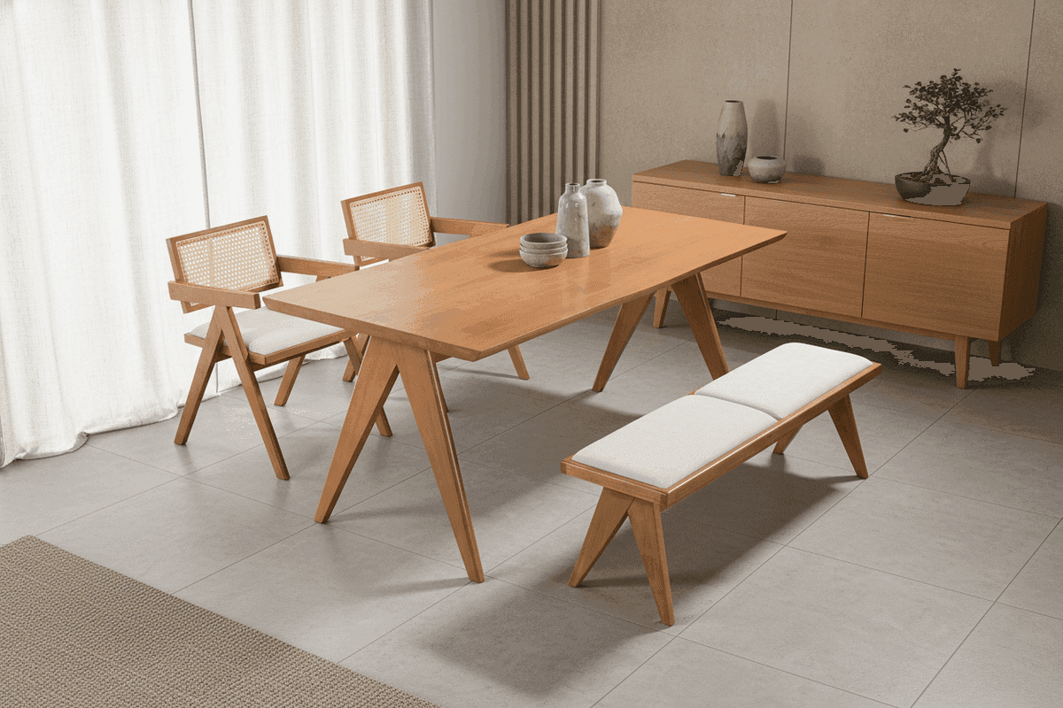 Rattan 1+2+Bench Wooden Dining Set